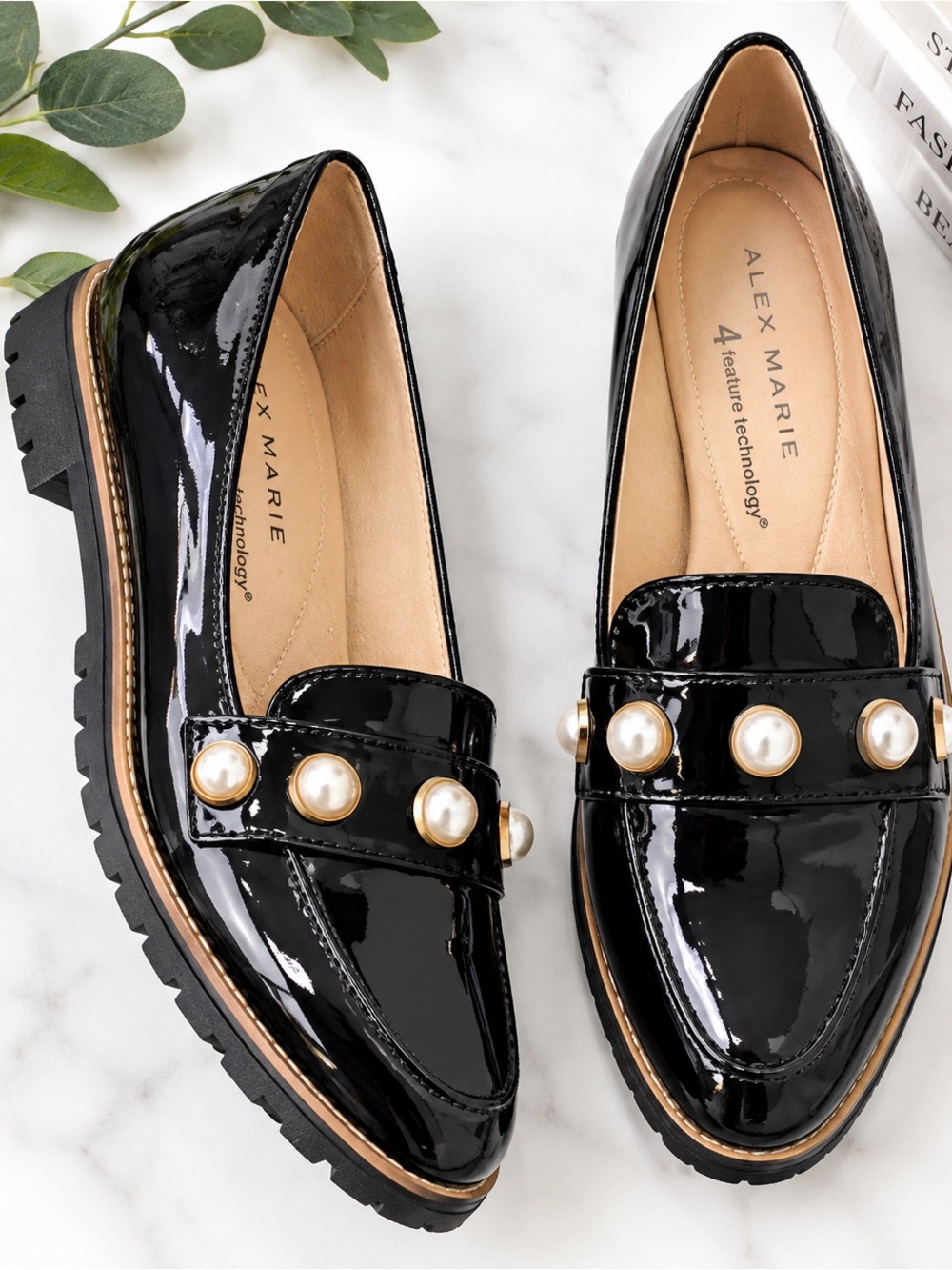 Alex Marie Black Patent Pearl Embellished Lug Sole Loafers – Size 7M
